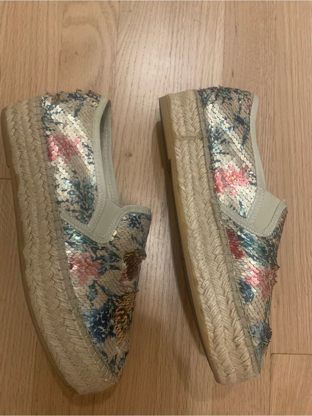 Sequin Floral Espadrille Slip-Ons - Cream Blue Pink - Picture 2 of 5